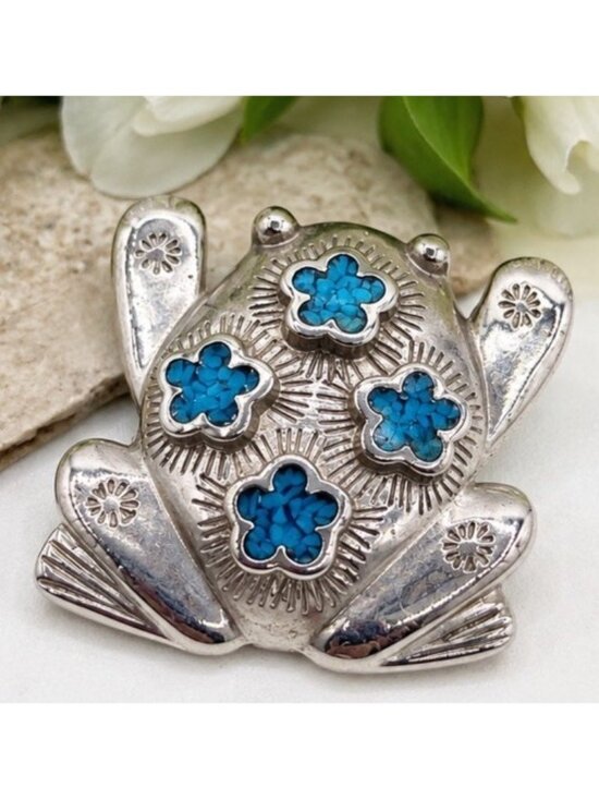 Trifari Jewelry - Vintage Trifari Frog Brooch Pin Silver Tone Blue Faux Turquoise Southwest 90s
